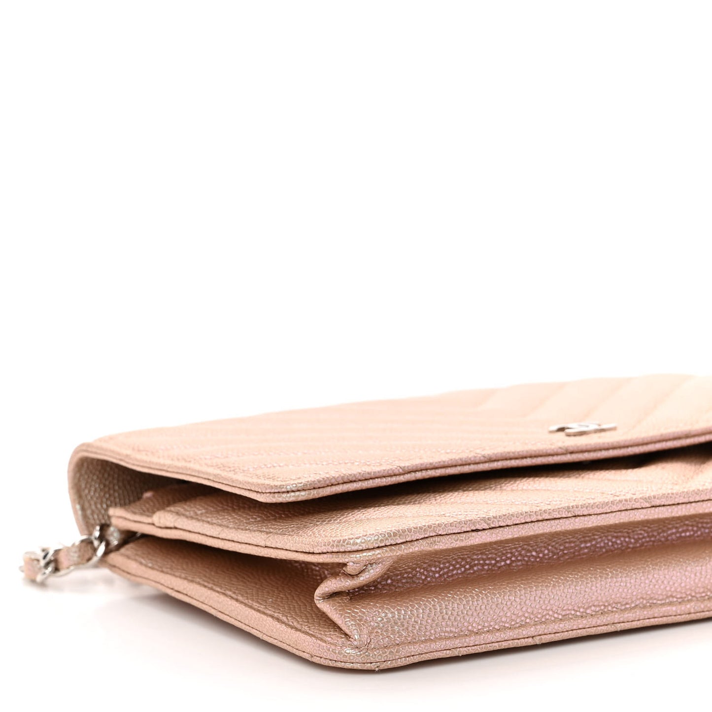 Metallic Caviar Chevron Quilted Wallet On Chain WOC Light Gold