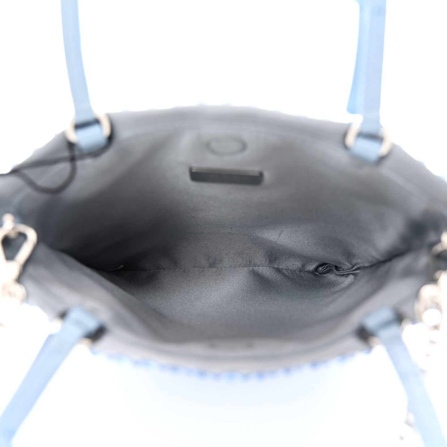 Satin Crystal Metal Triangle Logo Chain Crossbody Handbag Celeste