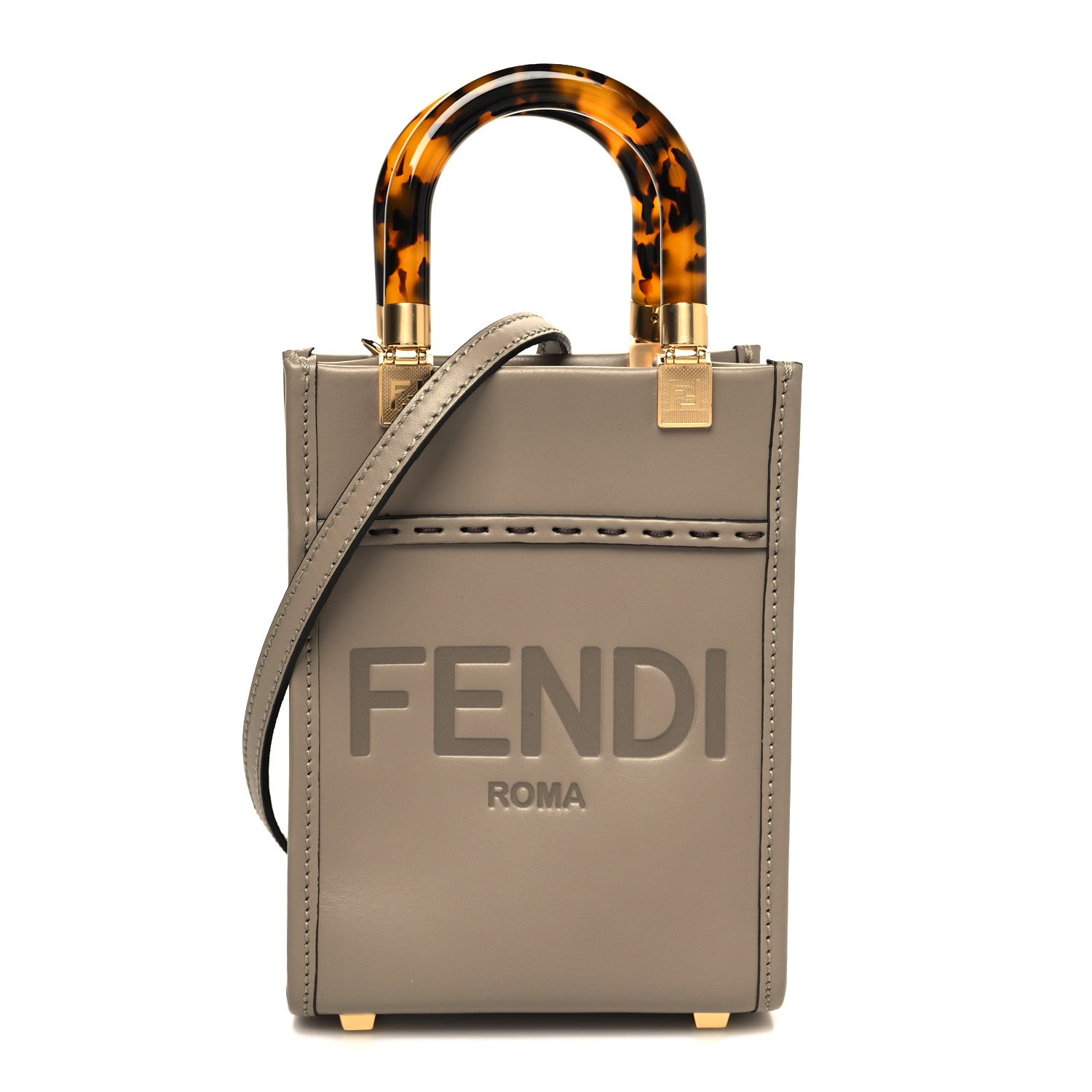 Fendi Vitello King Plexiglass Logo Embossed Mini Fendi Sunshine Shopper Tote Tortora 1 of 11