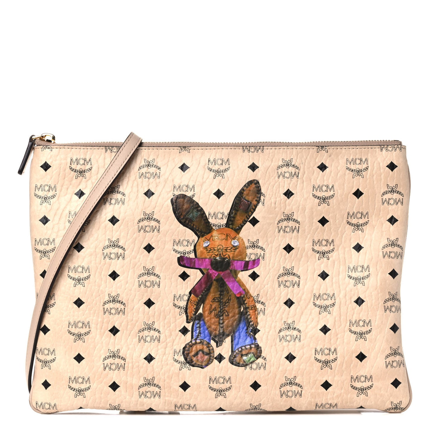 Metallic Visetos Medium Punk Rabbit Crossbody Pouch Beige