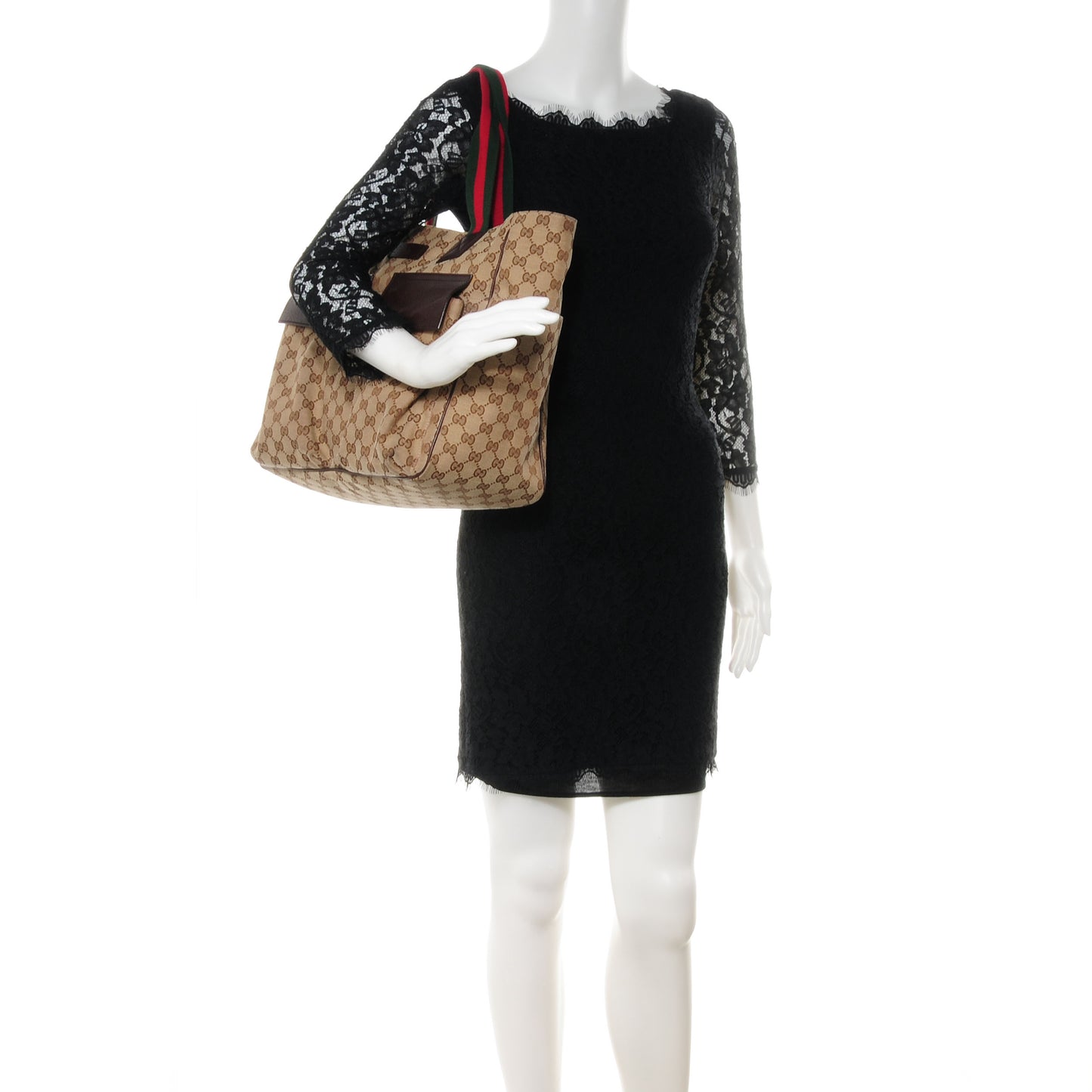 GG Monogram Medium Web Handle Double Pocket Tote Brown
