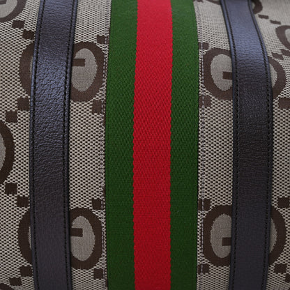 Gucci Monogram Jumbo GG Textured Dollar Calfskin Web Medium Duffle Bag Camel Ebony 7 of 13