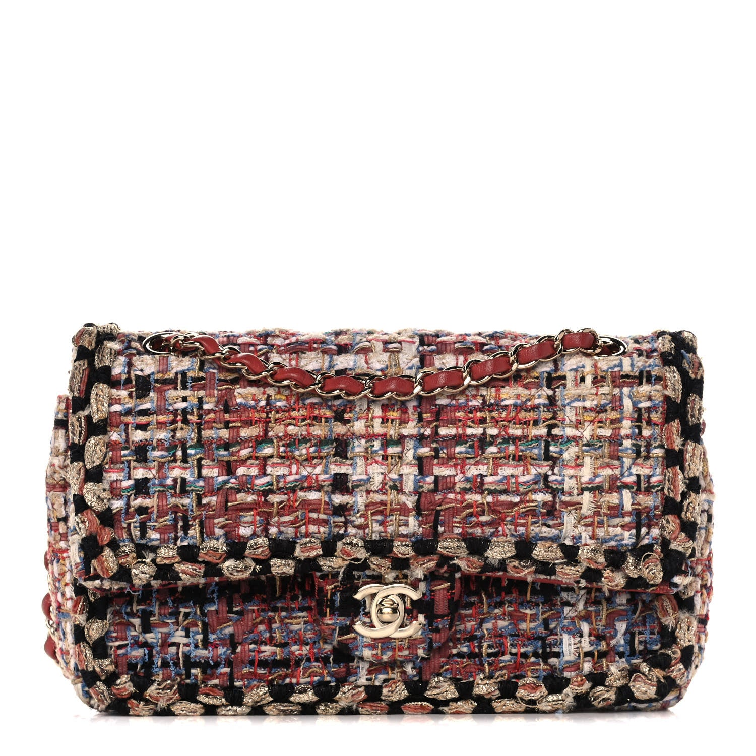 Chanel Tweed Quilted Medium Double Flap Black Gold Multicolor 1 of 16