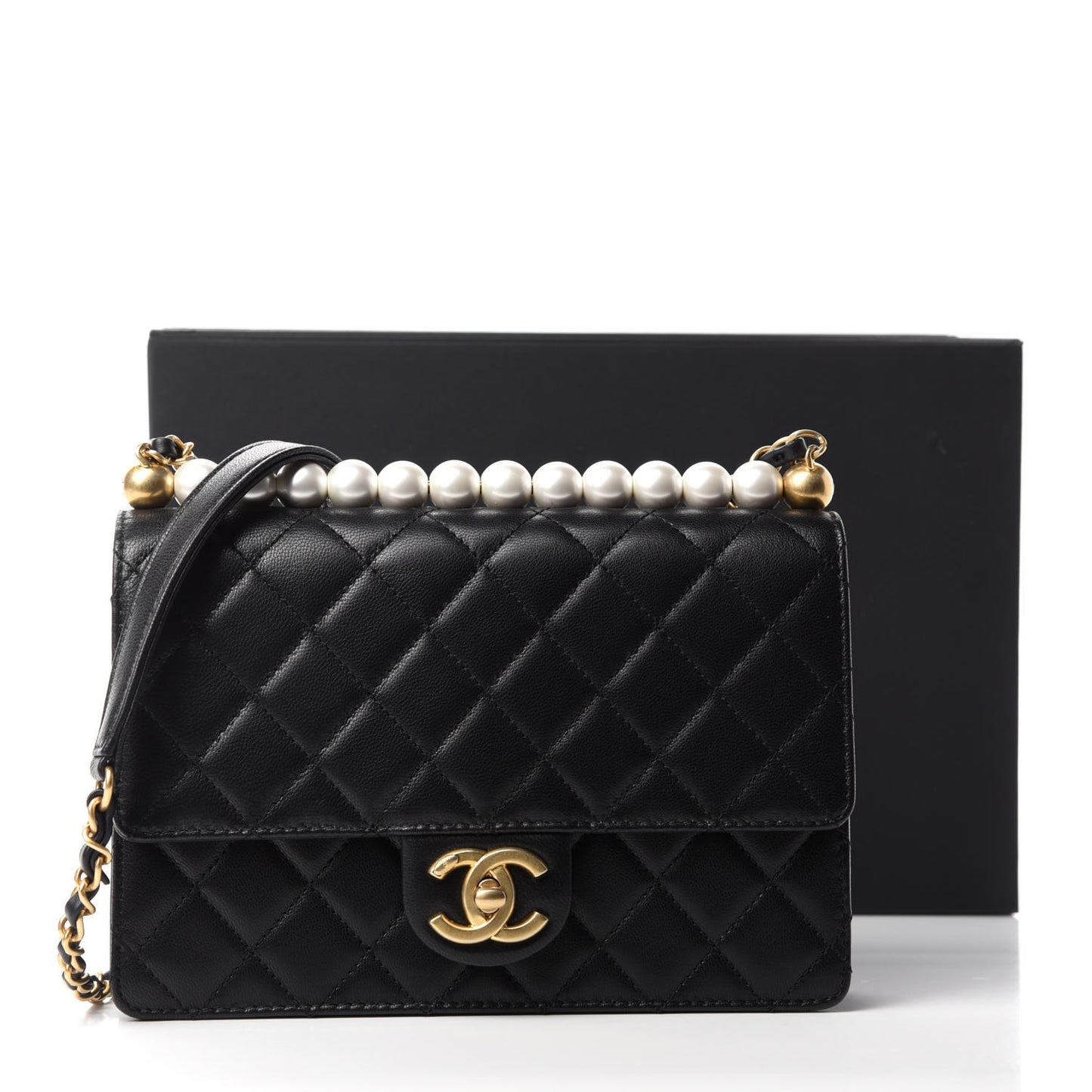 Lambskin Quilted Small Chic Pearls Flap Black