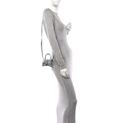 Balenciaga Metallic Calfskin Crocodile Embossed Hourglass Top Handle Bag Mini Silver 2 of 9