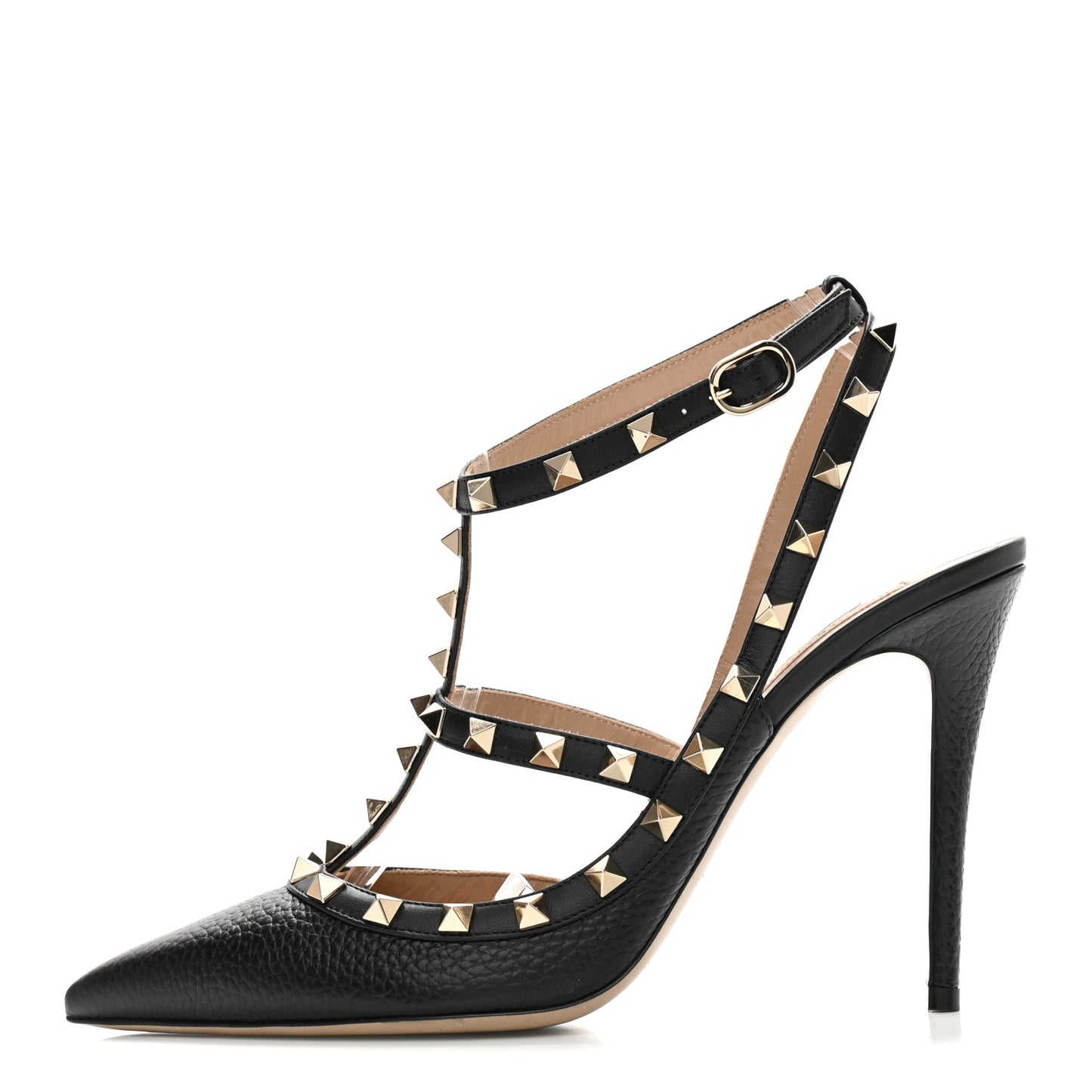 Pebbled Calfskin Rockstud Ankle Strap Pumps 41 Black