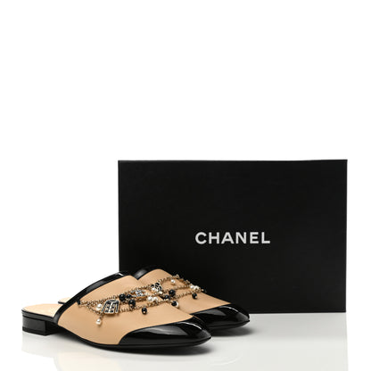 Chanel Lambskin Patent Pearl Chain Charm CC Mules 39 Beige Black 9 of 9