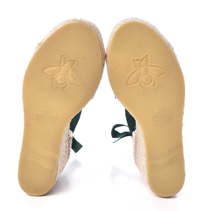 Gucci Canvas Malaga Kid Web Ankle Wrap Espadrille Wedge Sandals 38.5 Green Red Mystic White Emerald 5 of 9
