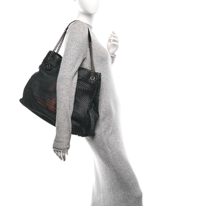 Chanel Calfskin Laser Cut Perforated CC Tote Black 2 of 10