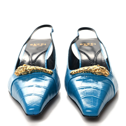 Gucci Calfskin Crocodile Print Square Slingback Pumps 38.5 Bright Sapphire 2 of 9