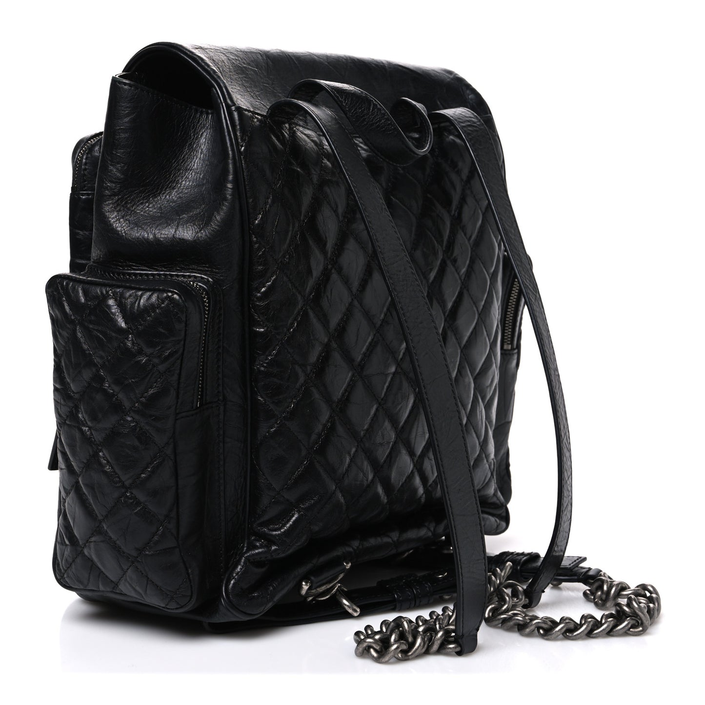 Grained Calfskin Quilted Large Casual Rock Backpack Black