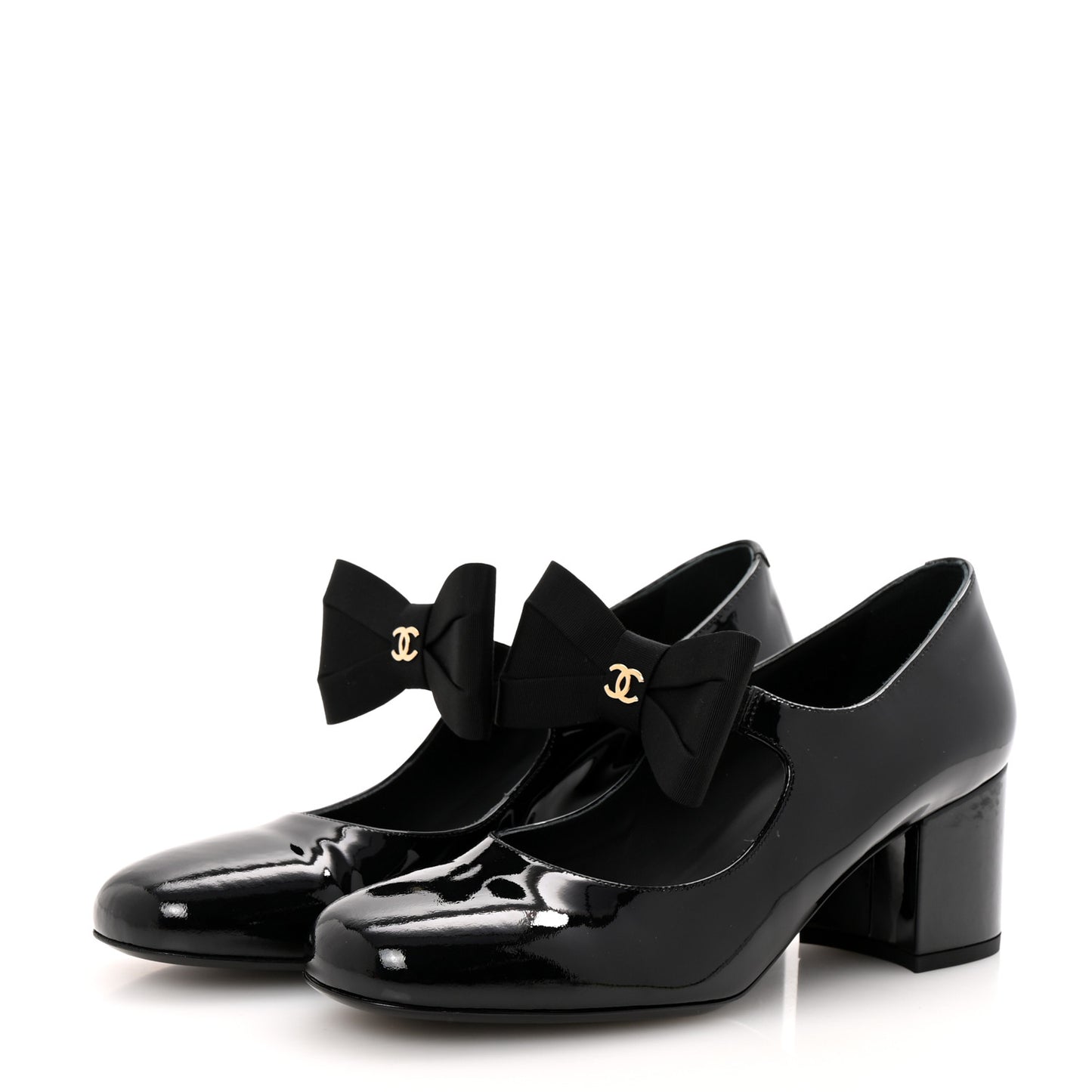 Patent Calfskin Grosgrain CC Mary Jane Pumps 39.5 Black