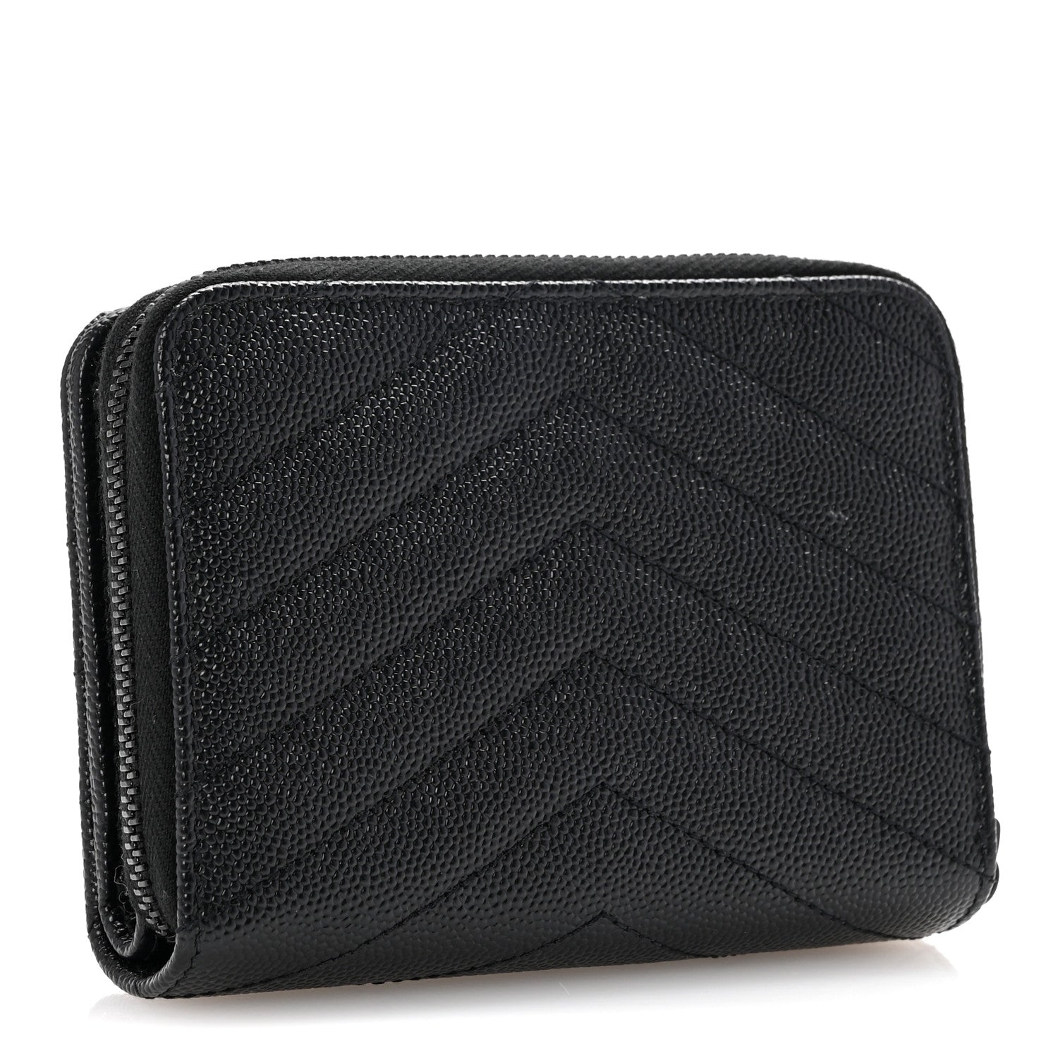 Saint Laurent Grain De Poudre Matelasse Chevron Monogram Monochrome Compact Zip Around Wallet Black 3 of 9