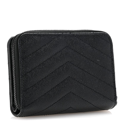 Saint Laurent Grain De Poudre Matelasse Chevron Monogram Monochrome Compact Zip Around Wallet Black 3 of 9