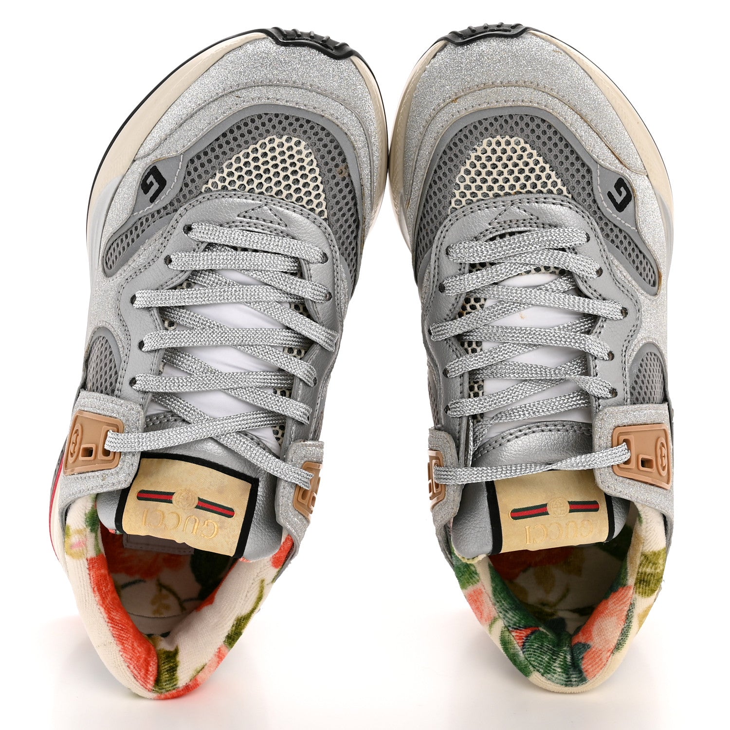 Gucci Metallic Calfskin Glitter Mesh Womens Ultrapace Sneakers 36 Silver Light Grey Mystic White 2 of 9