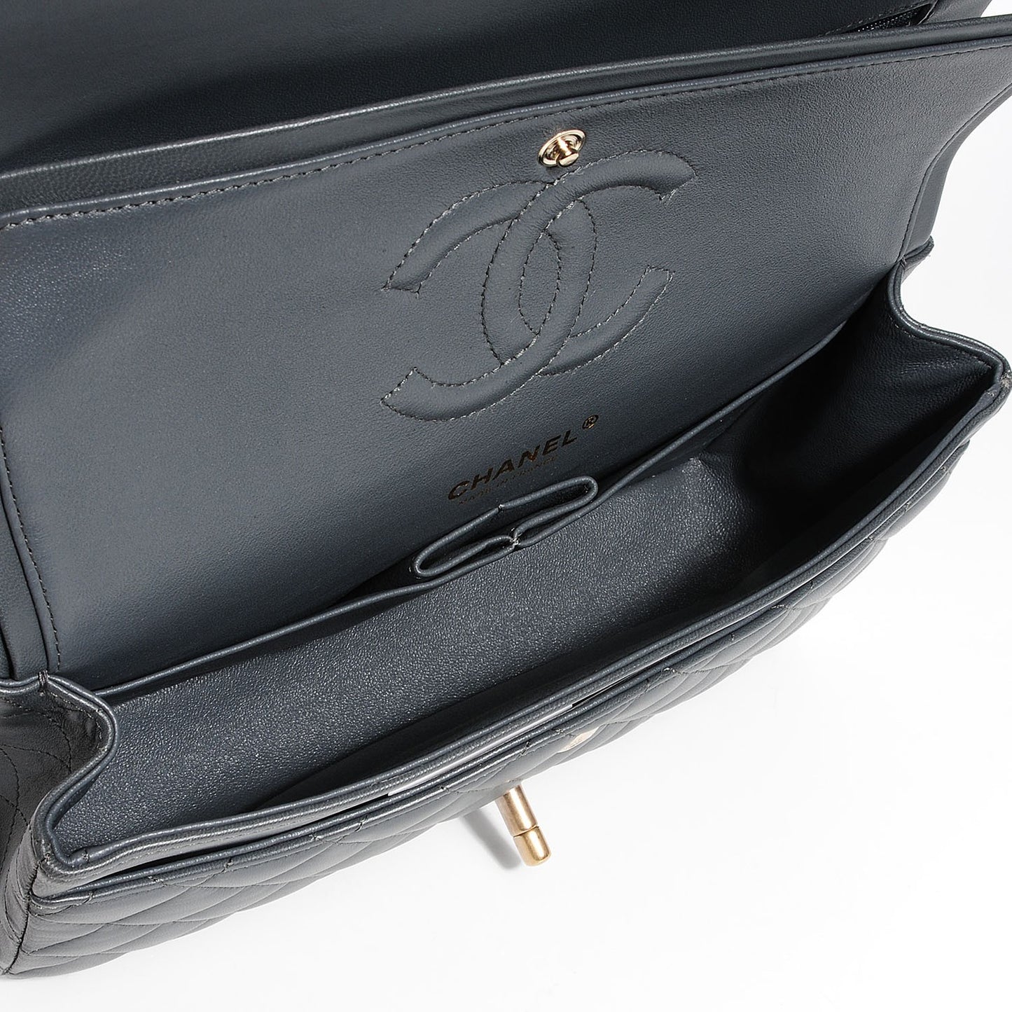 Lambskin Quilted Medium Double Flap Charcoal Grey