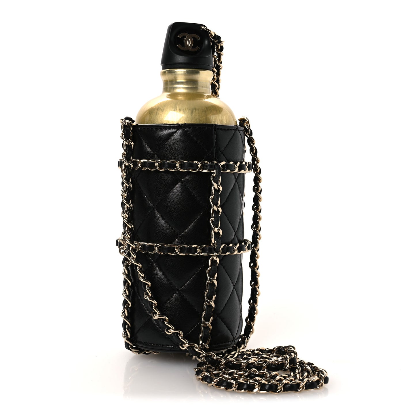 Lambskin Quilted CC To Drink Water Bottle Black Gold