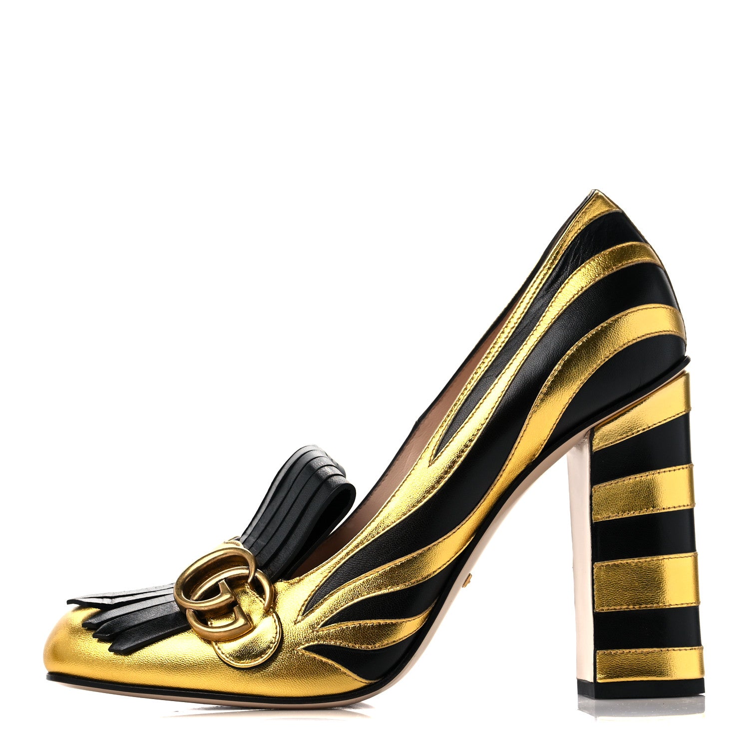 Gucci Metallic Nappa Inlay GG Marmont Fringe 105mm Loafer Pumps 41 Gold Black 1 of 10