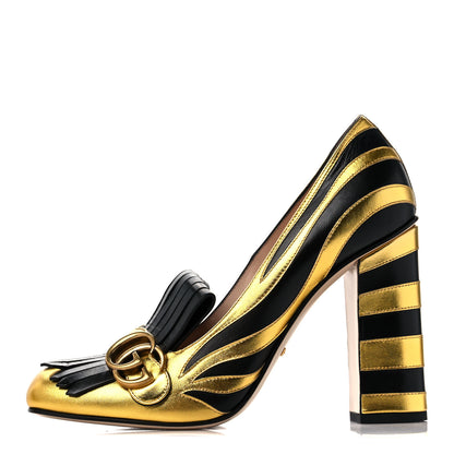 Gucci Metallic Nappa Inlay GG Marmont Fringe 105mm Loafer Pumps 41 Gold Black 1 of 10