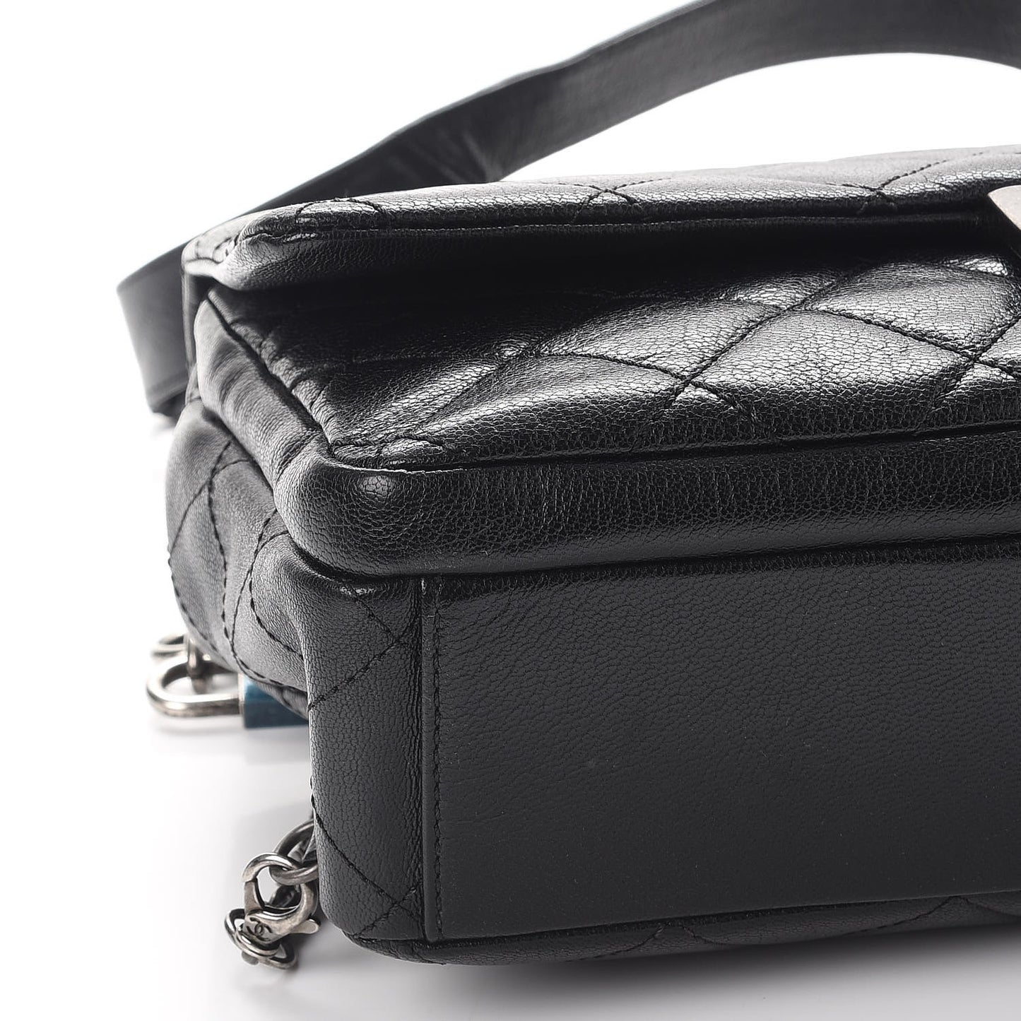 Shiny Goatskin Quilted Large Double Carry Waist Chain Flap Black