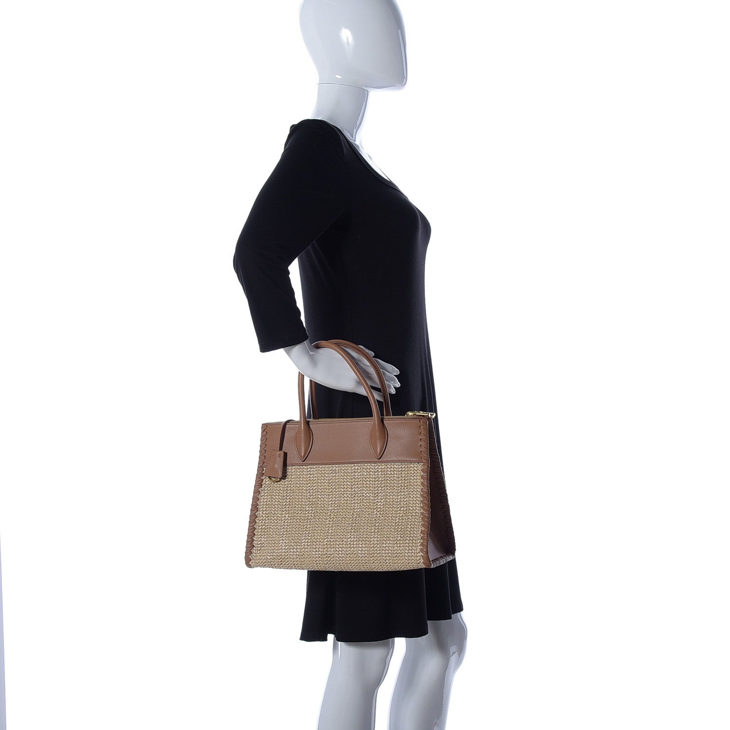 Prada Raffia City Calfskin Whipstitch Medium Paradigme Bag Naturale Caramel 3 of 9