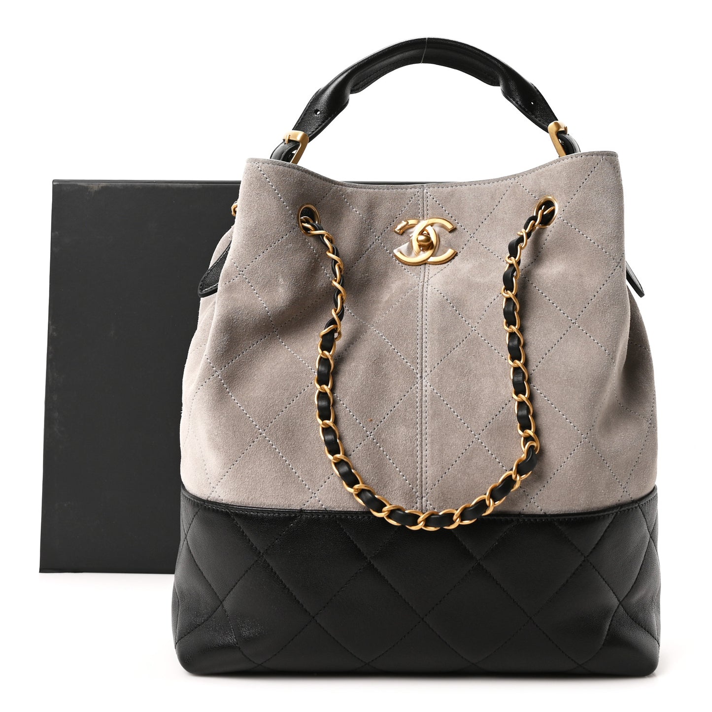Suede Calfskin Shiny Lambskin Quilted Coco Base Shopping Bag Grey Black