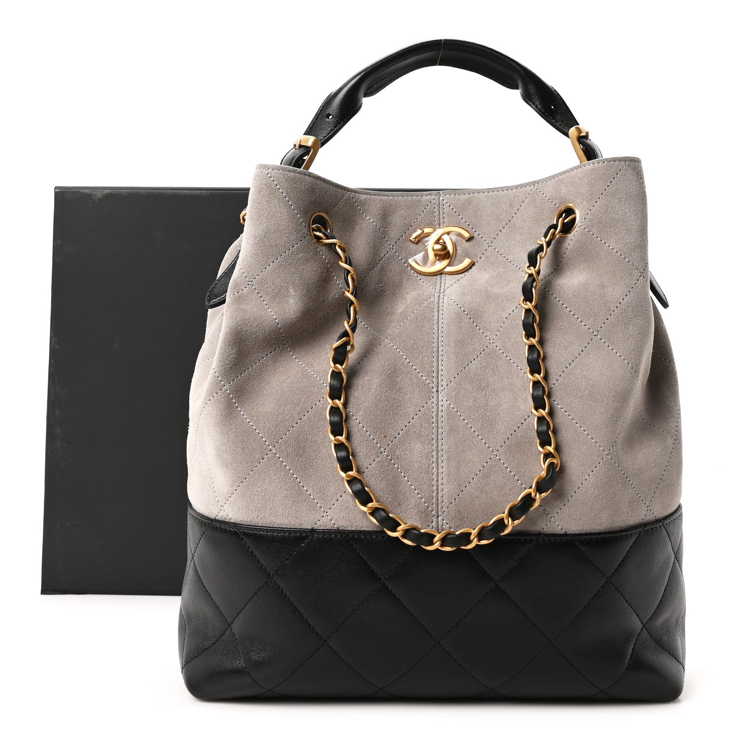 Chanel Suede Calfskin Shiny Lambskin Quilted Coco Base Shopping Bag Grey Black 11 of 11