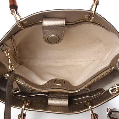 Gucci Metallic Pebbled Calfskin Medium Bamboo Shopper Tote Golden Beige 4 of 11