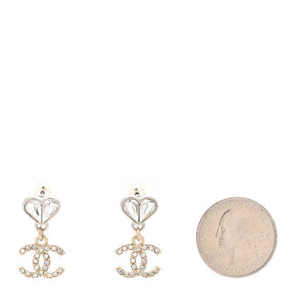 Chanel Crystal CC Heart Drop Earrings Gold Silver 2 of 5