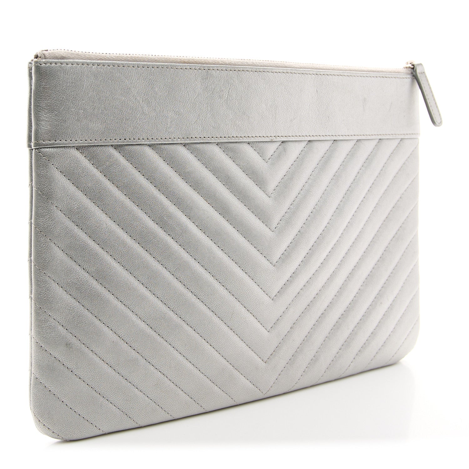 Chanel Metallic Sheepskin Chevron Quilted Mademoiselle Vintage Large Zip Pouch Silver 2 of 11