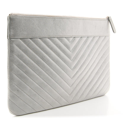 Chanel Metallic Sheepskin Chevron Quilted Mademoiselle Vintage Large Zip Pouch Silver 2 of 11