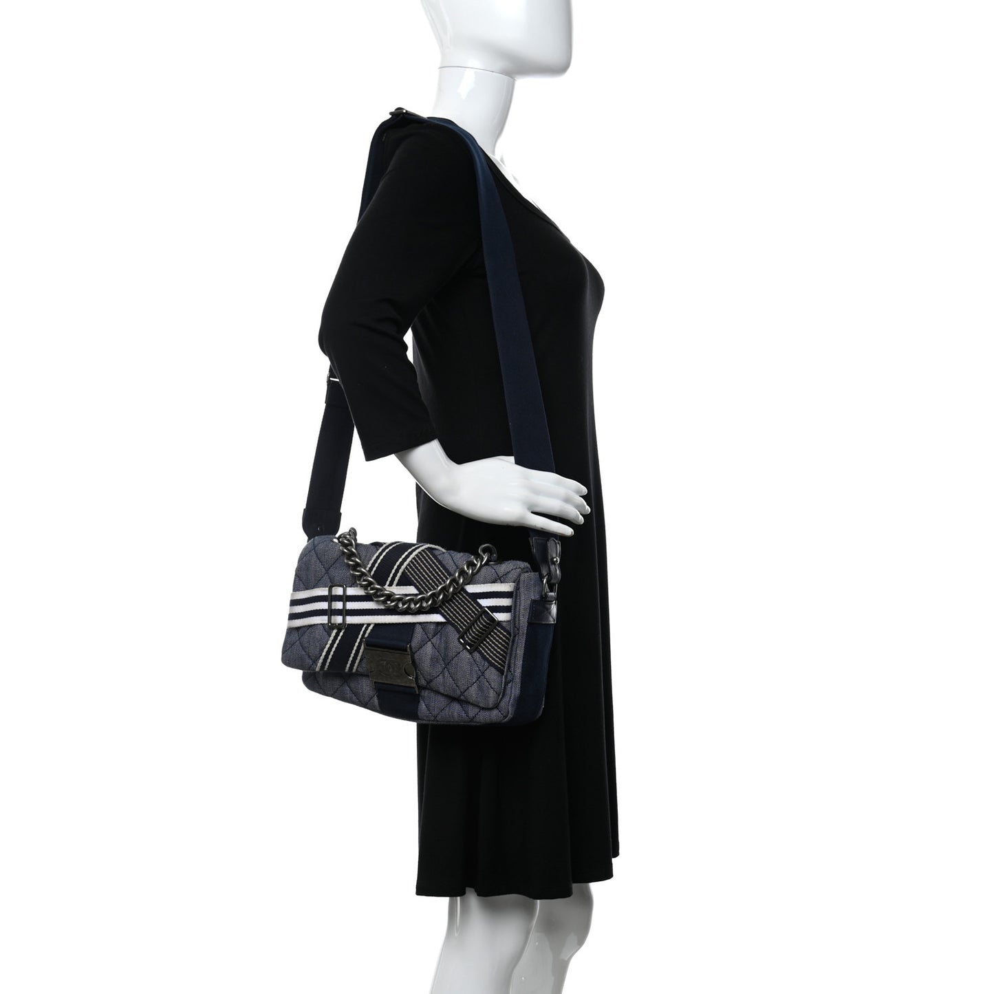 Denim Quilted Medium Airlines Buckle Messenger Bag Blue