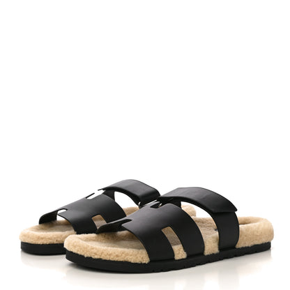 Hermes Veau Indios Woolskin Mens Chypre Sandals 44 Black Ecru 4 of 10