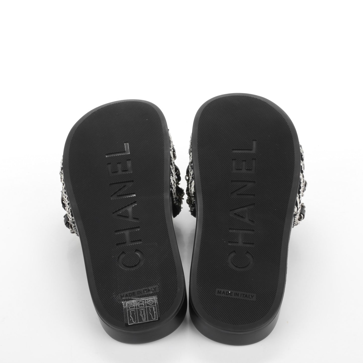 Tweed Lambskin Chain Flat Sandals 37 Black White