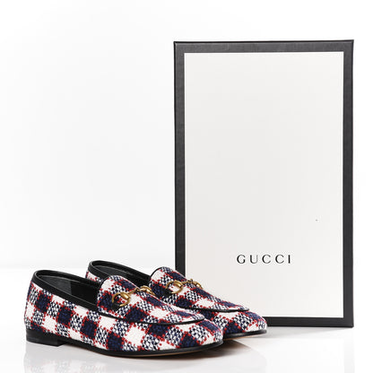 Gucci Vintage Tweed Check Horsebit Womens Jordaan Loafers 35.5 White Hibiscus Red Marine 11 of 11