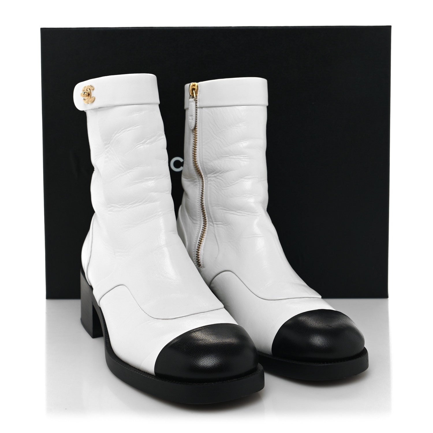Chanel Shiny Goatskin Cap Toe Short Boots 39 White Black 10 of 10