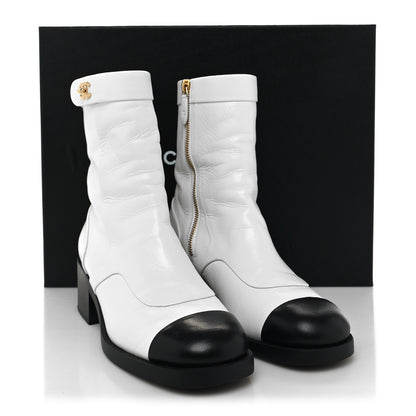 Chanel Shiny Goatskin Cap Toe Short Boots 39 White Black 10 of 10