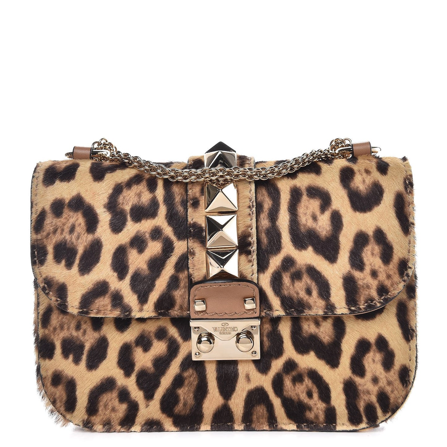 Calf Hair Leopard Print Small Glam Lock Rockstud Flap