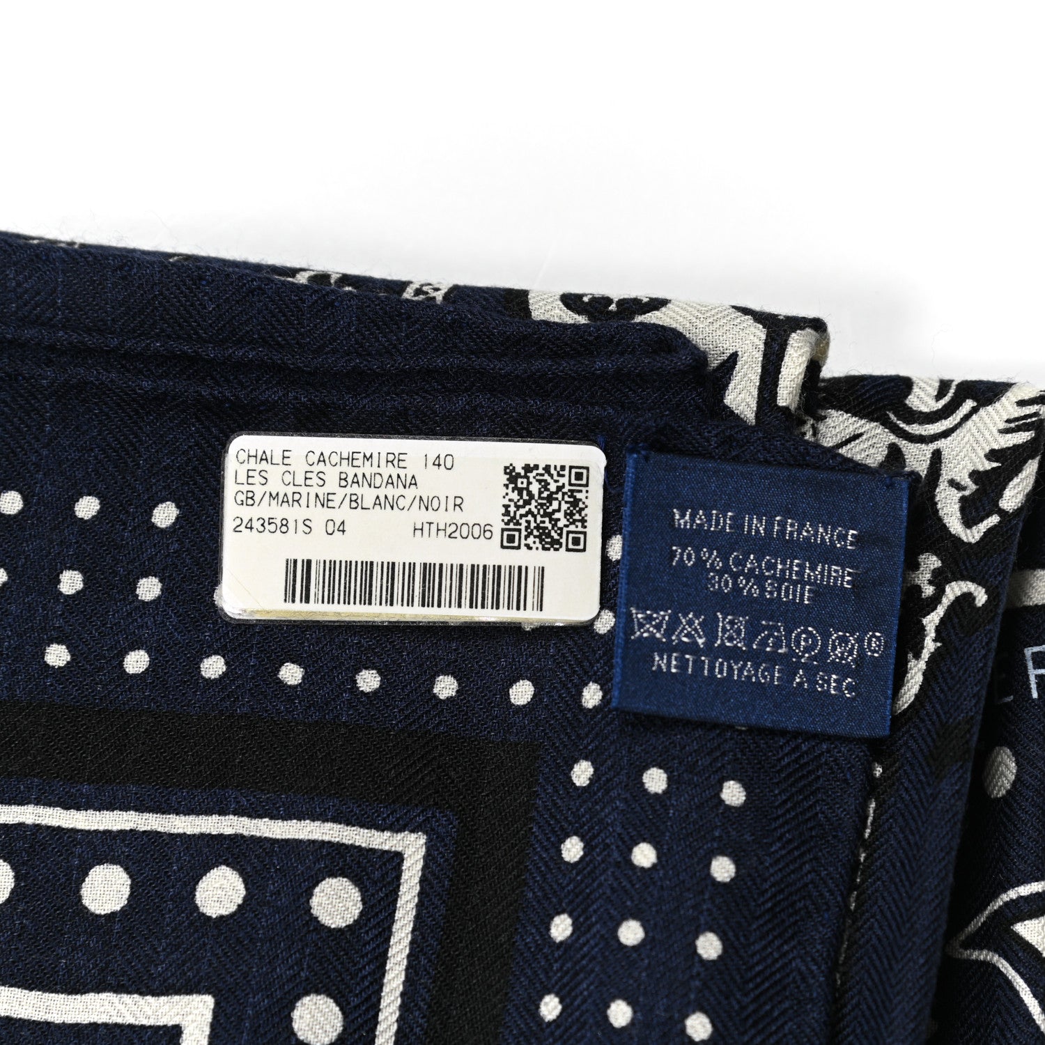 Hermes Cashmere Silk Les Cles Bandana Shawl 140 Marine Blanc Noir 3 of 5