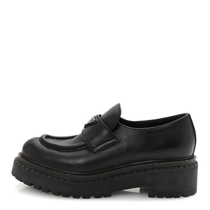 Prada Spazzolato Metal Triangle Logo Double Chocolate Loafers 39 Black 1 of 9