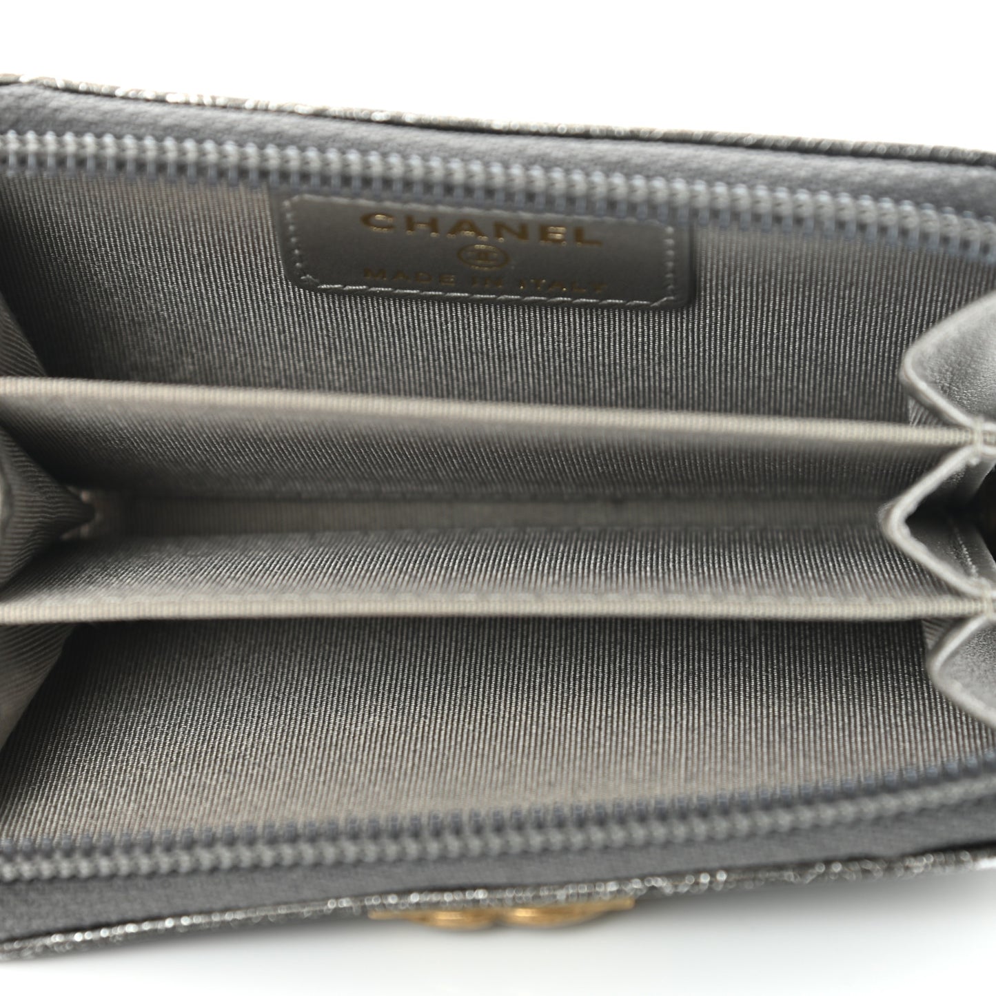 Cracked Metallic Calfskin Quilted Boy Zip Around Coin Purse Wallet Dark Silver