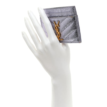 Saint Laurent Metallic Crackled Calfskin Matelasse Chevron Monogram Credit Card Case Silver 2 of 9