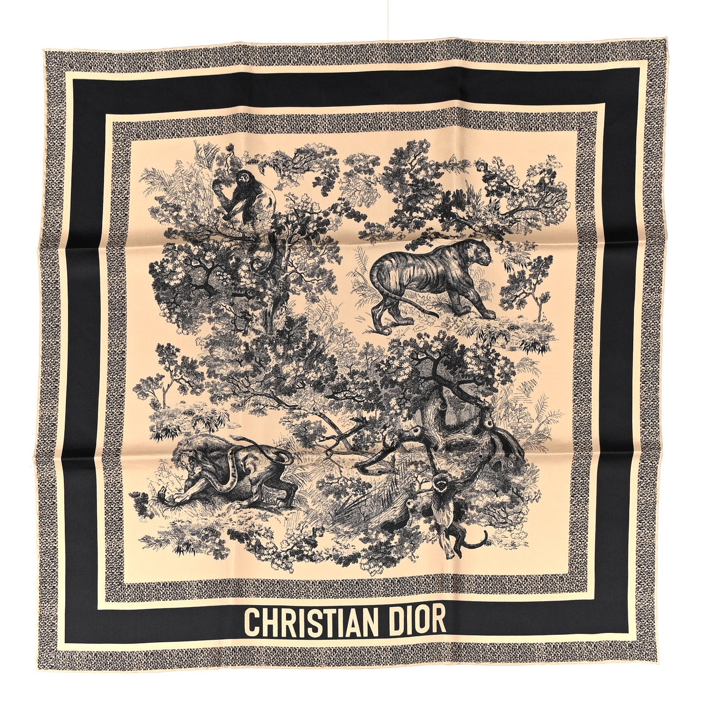 Silk Toile De Jouy Sauvage Square Scarf 70 Beige Navy Blue