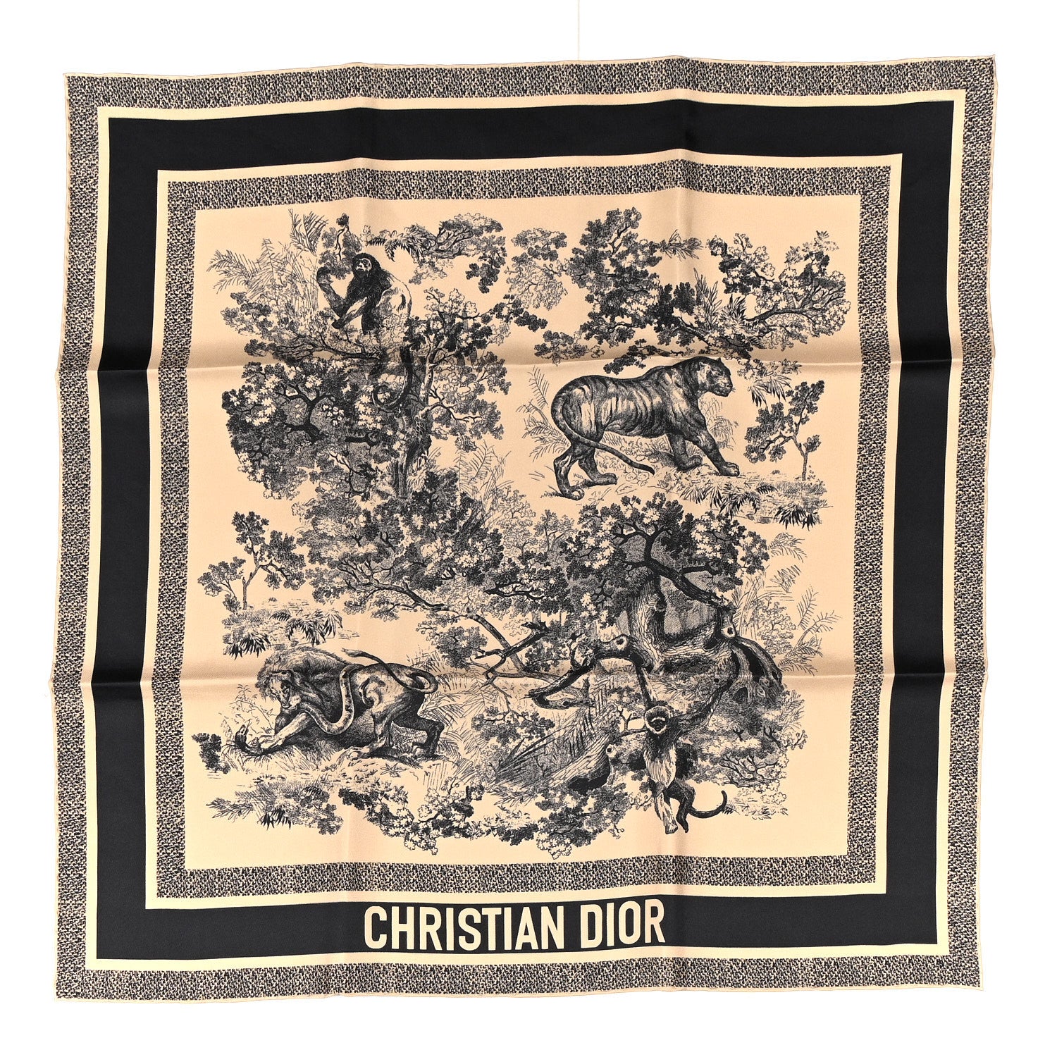 Christian Dior Silk Toile De Jouy Sauvage Square Scarf 70 Beige Navy Blue 1 of 3
