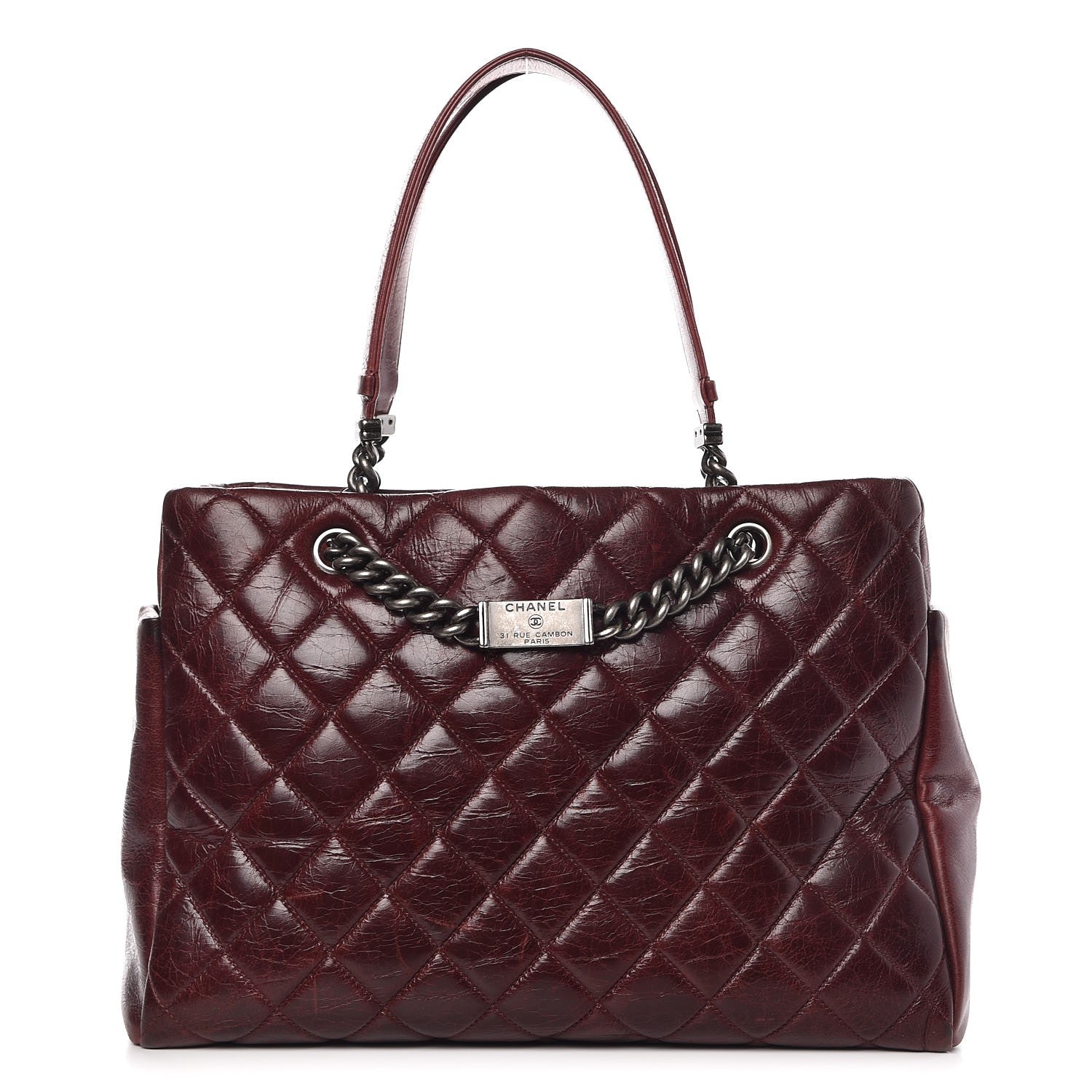 Chanel Glazed Calfskin Quilted Large Nameplate Shopping Tote Burgundy 1 of 11