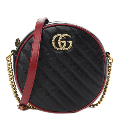 Gucci Vintage Effect Calfskin Matelasse Diagonal Mini Torchon GG Marmont Round Shoulder Bag Black Romantic Cherry 1 of 9
