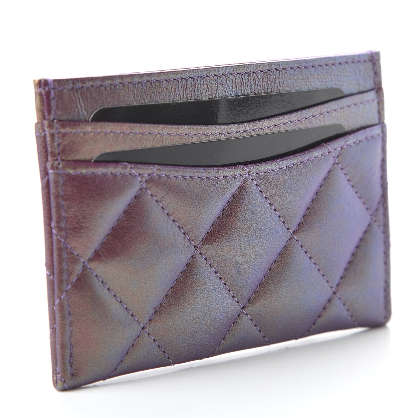 Iridescent Lambskin Quilted Card Holder Purple