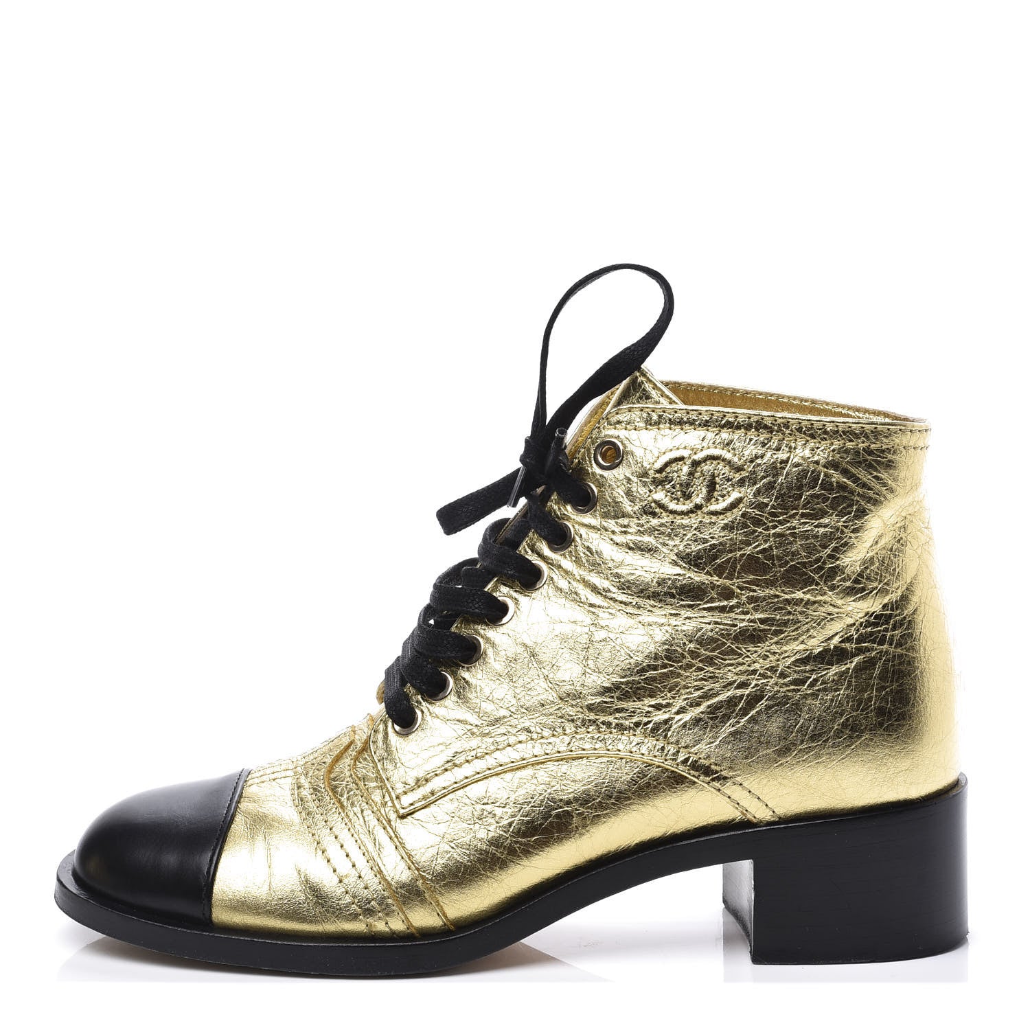 Chanel Metallic Calfskin Cap Toe Lace Up Boots 37.5 Gold Black 1 of 10