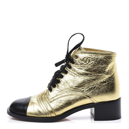 Chanel Metallic Calfskin Cap Toe Lace Up Boots 37.5 Gold Black 1 of 10