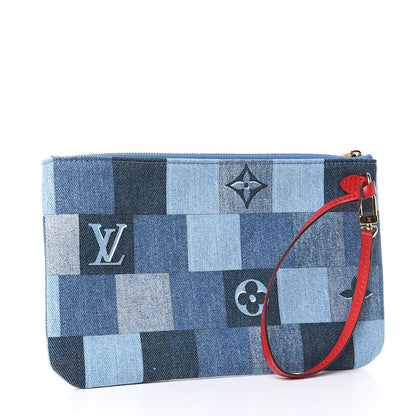 Louis Vuitton Denim Damier Monogram Patchwork Neverfull MM Pochette Blue Rouge 3 of 7